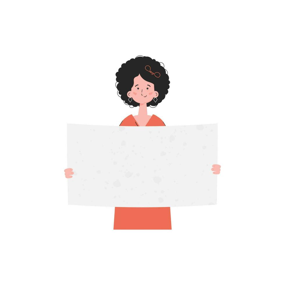 A woman stands waist-deep with a blank banner in her hands. Isolated. Flat style. Element for presentations, sites. vector