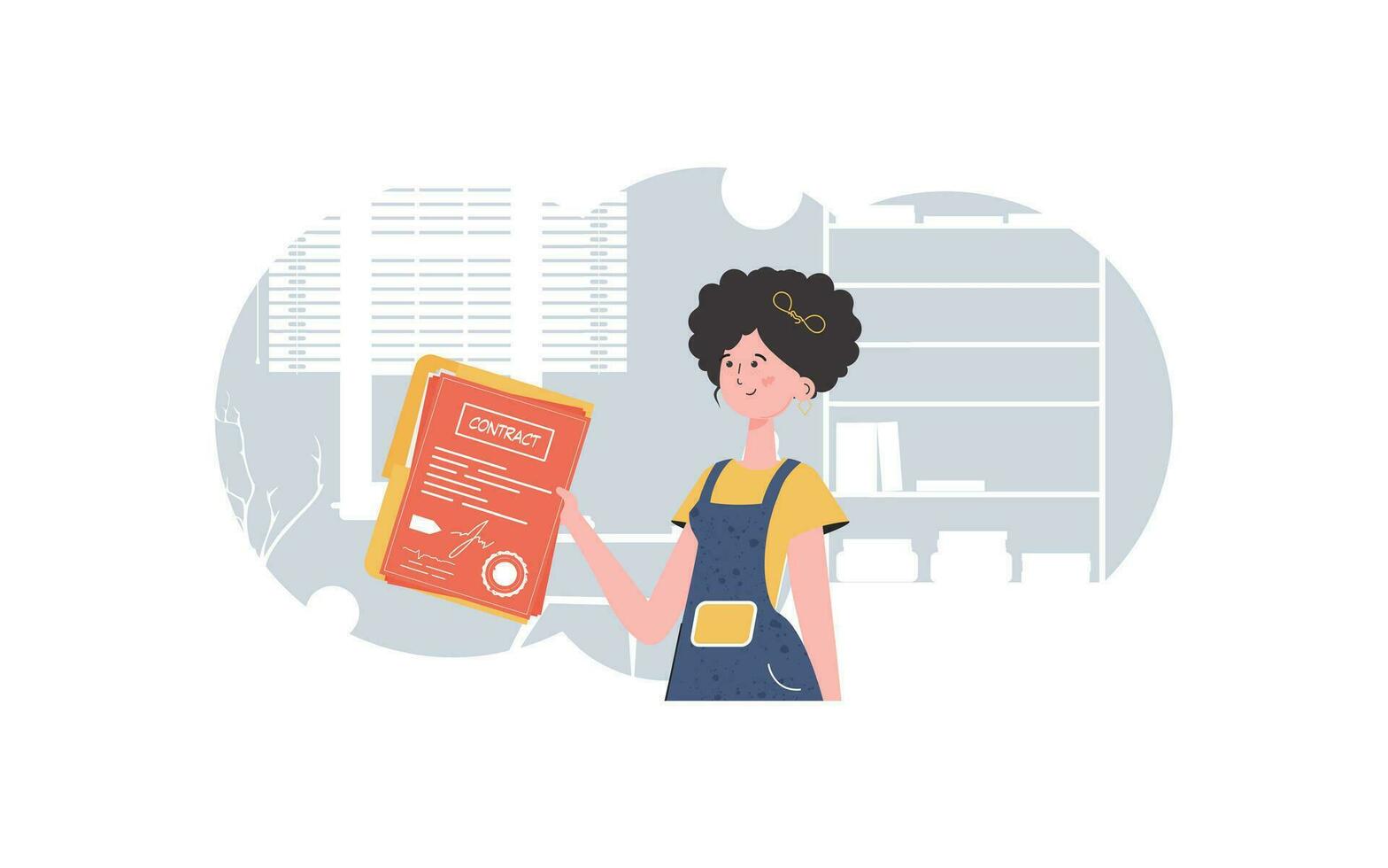 The woman is holding a contract in her hands. The character is depicted to the waist. The concept of concluding contracts. Trend style, vector illustration.