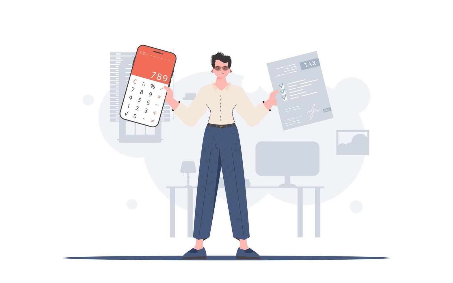 The guy is holding a calculator and a tax form in his hands. The concept of payment and calculation of taxes. Trend style, vector illustration.