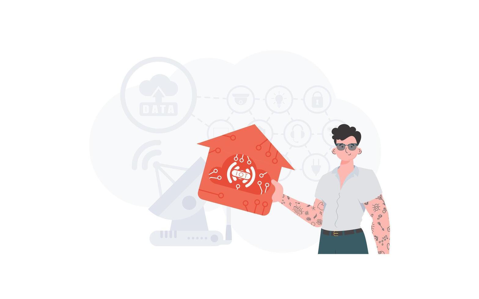 The man is depicted waist-deep, holding an icon of a house in his hands. IoT concept. Good for presentations. Vector illustration in flat style.