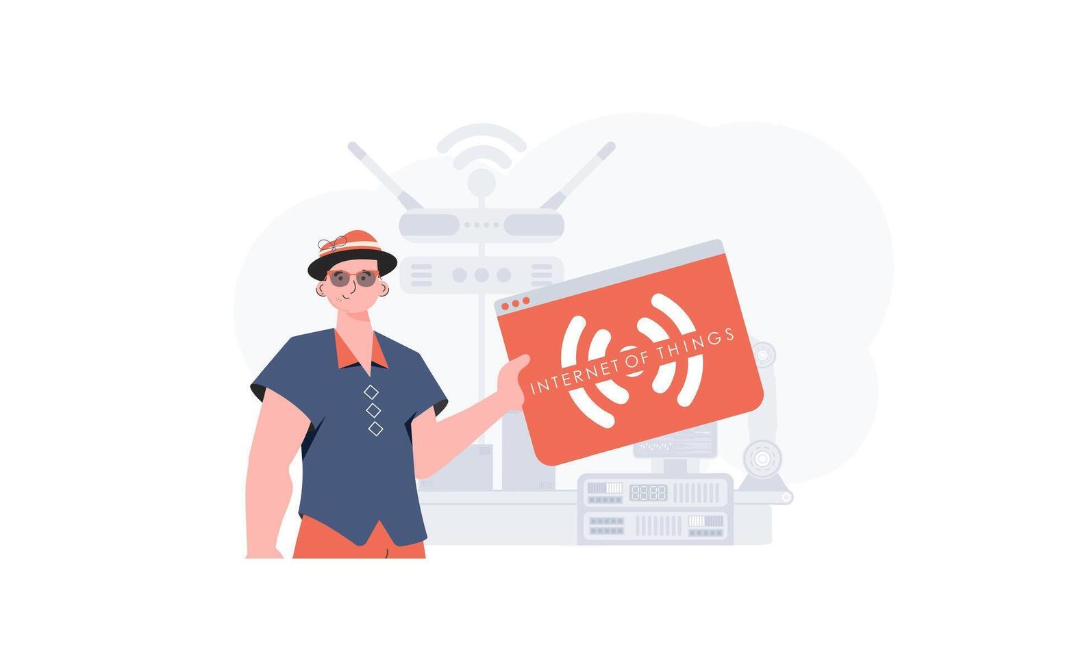 The guy is holding an internet thing icon in his hands. IoT concept. Good for websites and presentations. Vector illustration in trendy flat style.