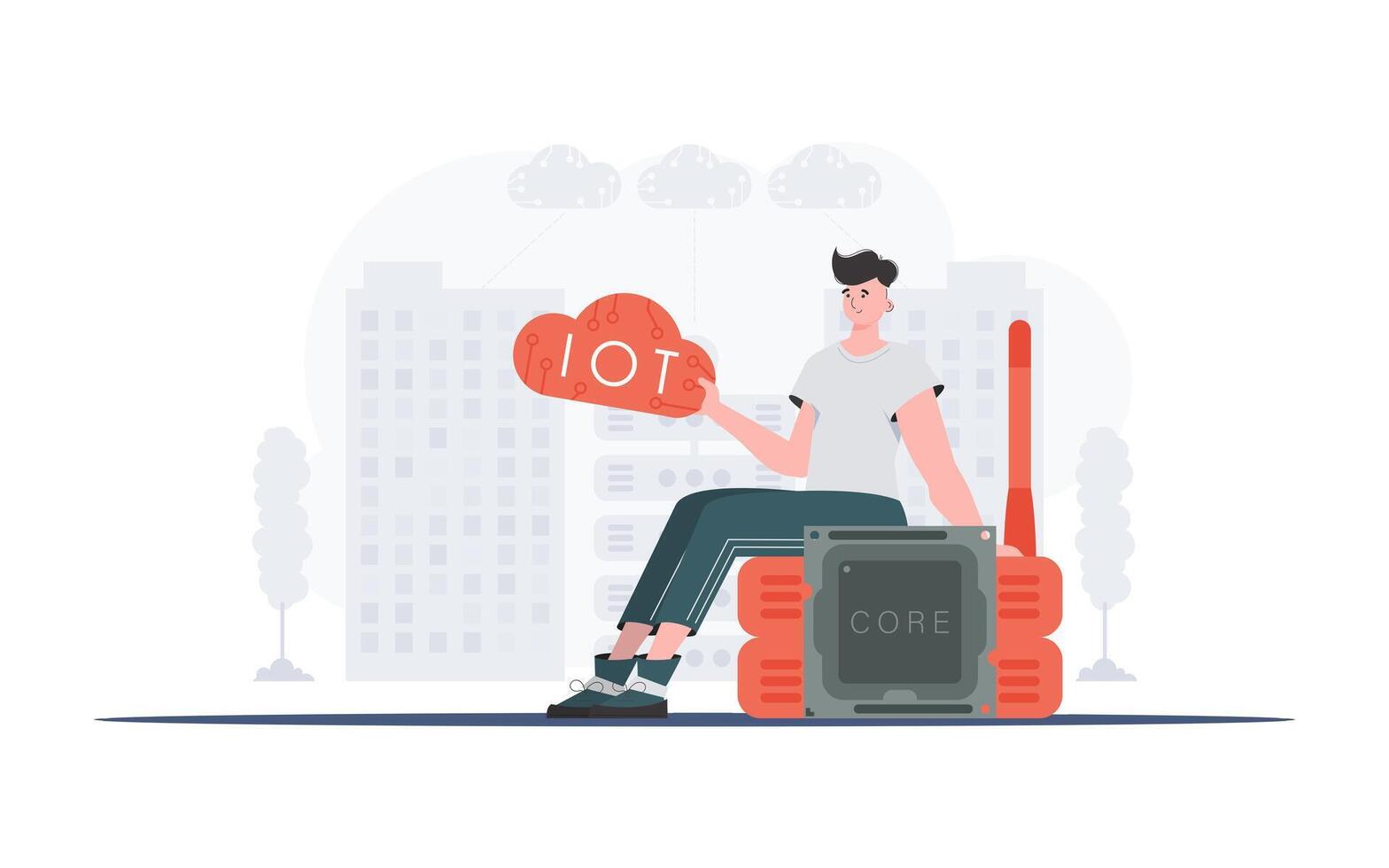 Internet of things concept. The guy sits on the router and holds the internet of things logo in his hands. Vector illustration in trendy flat style.