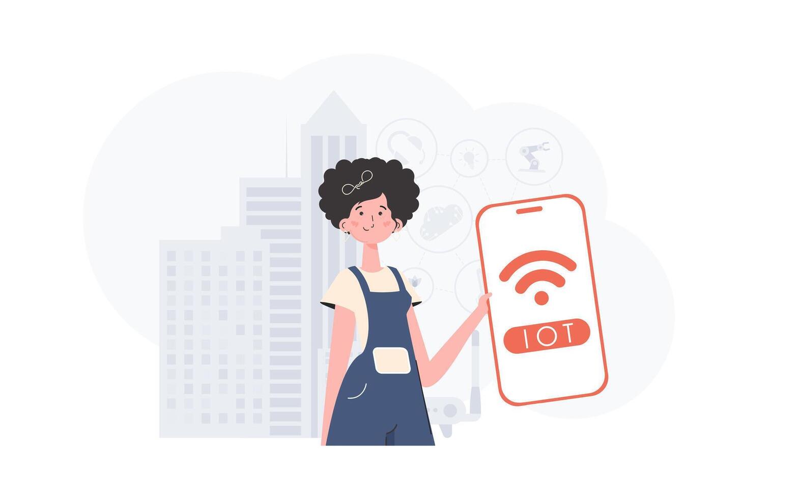 Internet of things and automation concept. A woman holds a phone with the IoT logo in her hands. illustration in trendy flat style. vector
