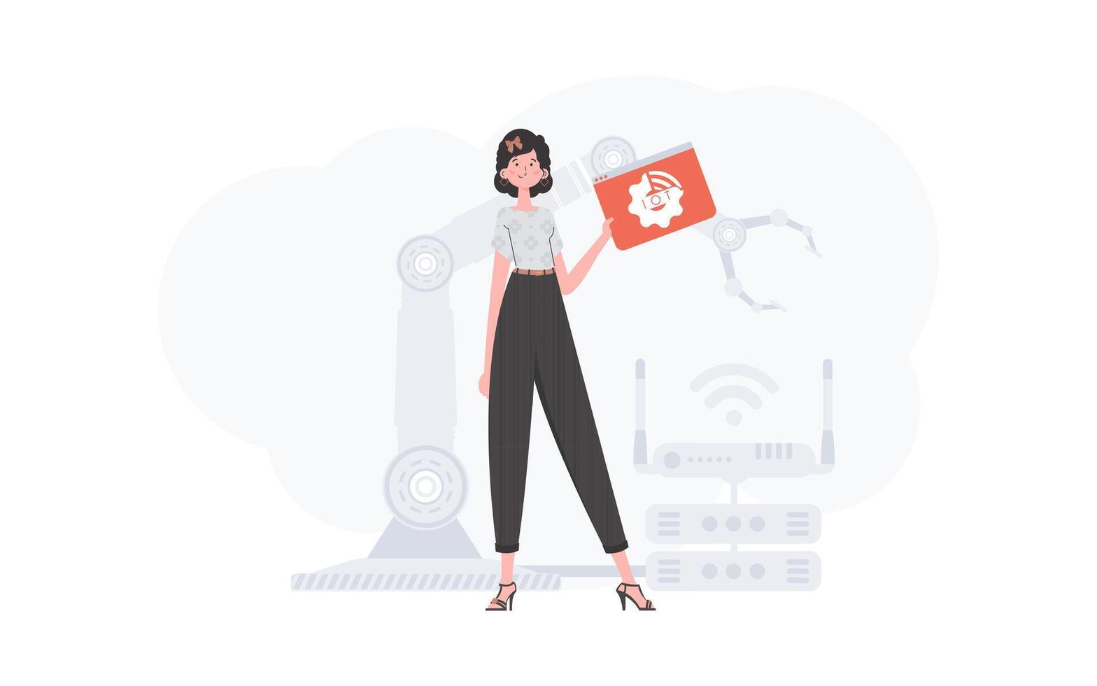 A woman is holding an internet thing icon in her hands. IoT concept. Good for websites and presentations. Vector illustration.