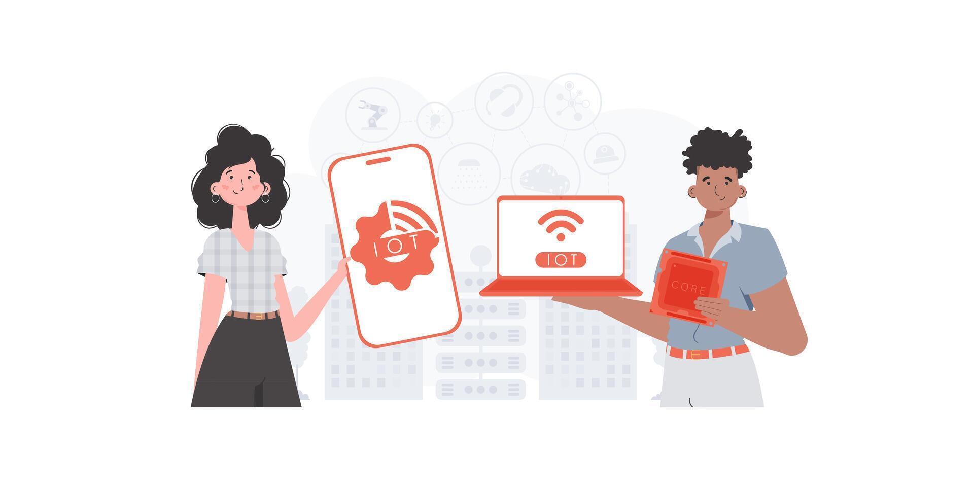 IOT and automation concept. The girl and the guy are a team in the field of IoT. Good for presentations and websites. illustration in trendy flat style. vector