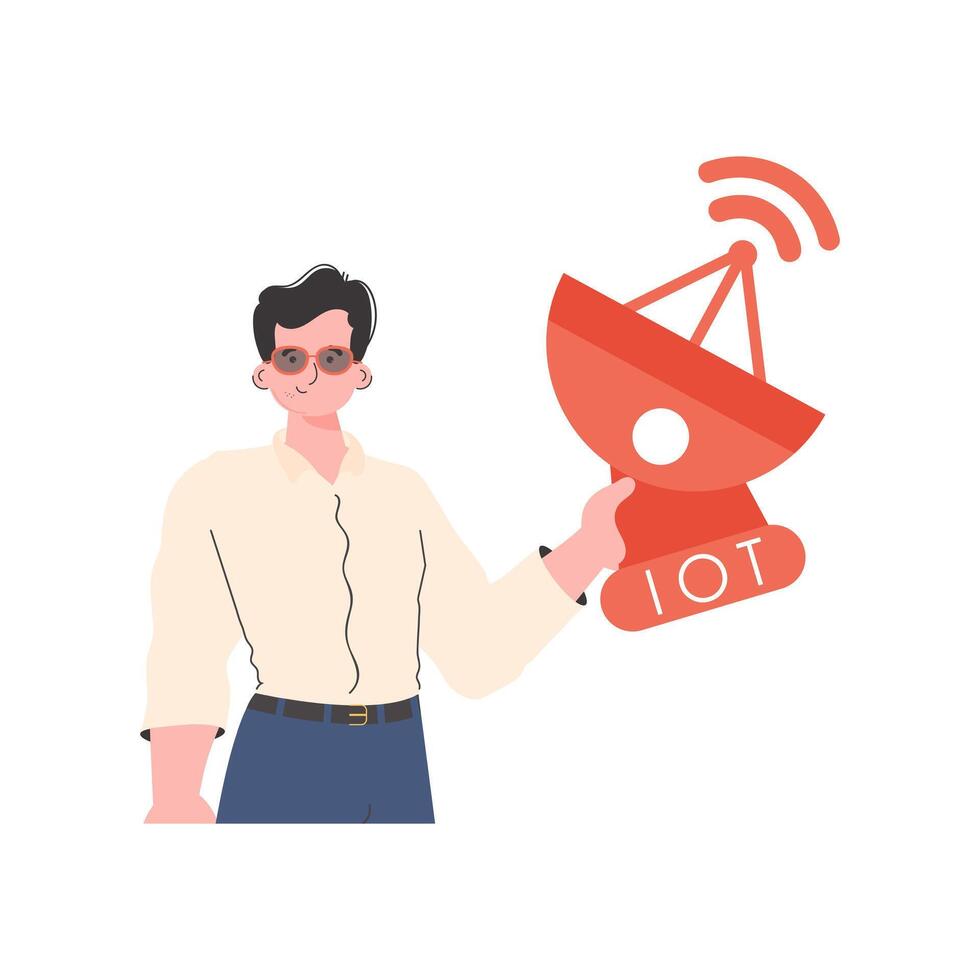 Internet of things concept. The guy is holding a satellite dish in his hands. Isolated. Trendy flat style. illustration. vector