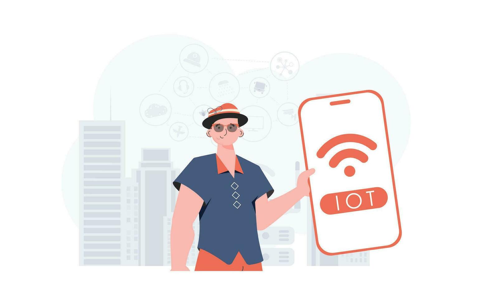 IOT and automation concept. A man holds a phone with the IoT logo in his hands. Vector illustration in flat style.