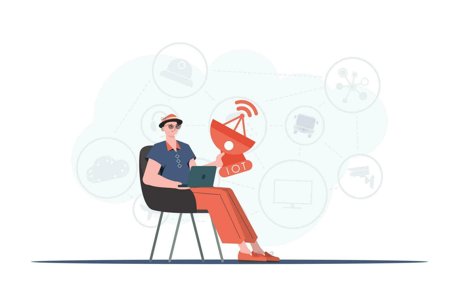 A man holds a satellite dish in his hands. IOT and automation concept. Good for presentations, websites and typography. Vector illustration in trendy flat style.