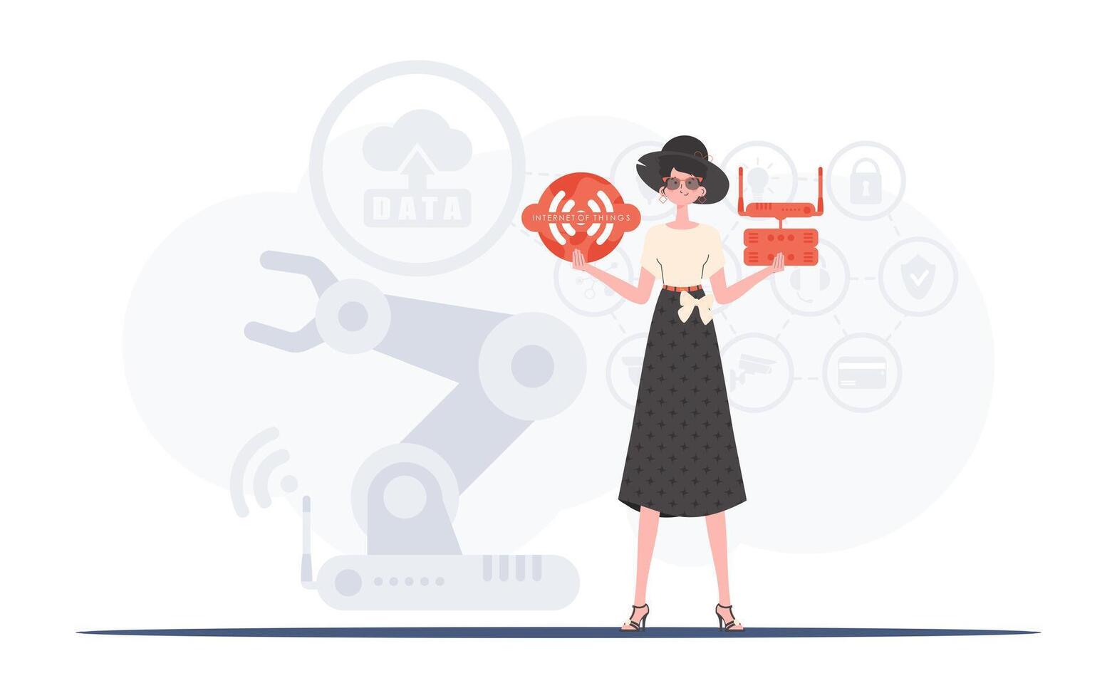 Internet of things and automation concept. A woman is holding an internet thing icon in her hands. Router and server. Good for websites and presentations. Trendy flat style. Vector illustration.