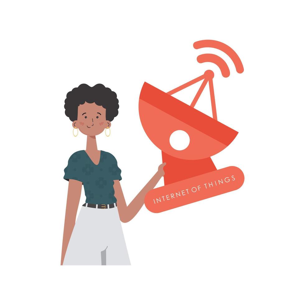 IoT concept. A woman holds a satellite dish in her hands. Isolated on white background. Vector illustration in trendy flat style.