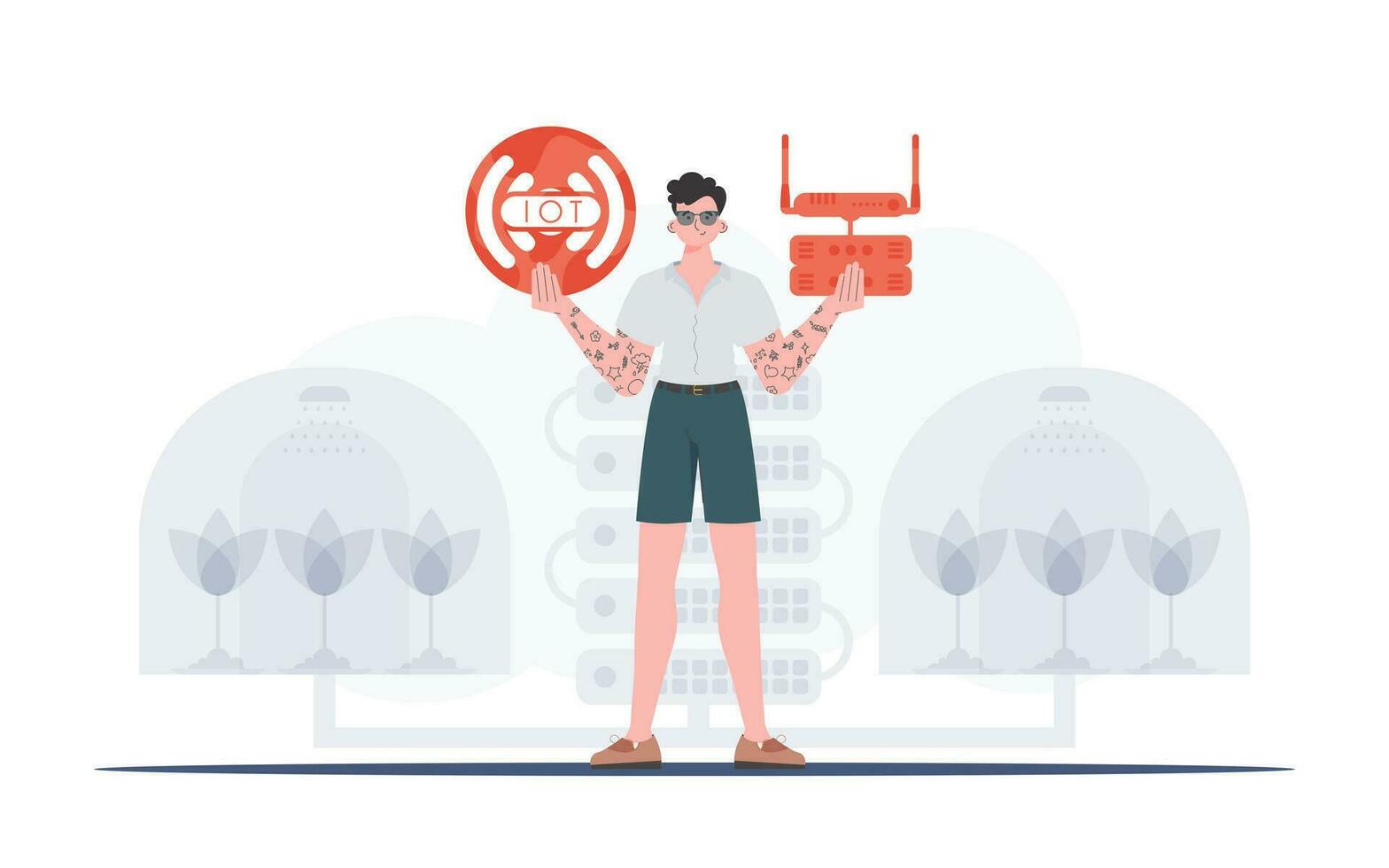 Internet of things concept. A man is holding an internet thing icon in her hands. Router and server. Good for presentations and websites. Trendy flat style. Vector illustration.