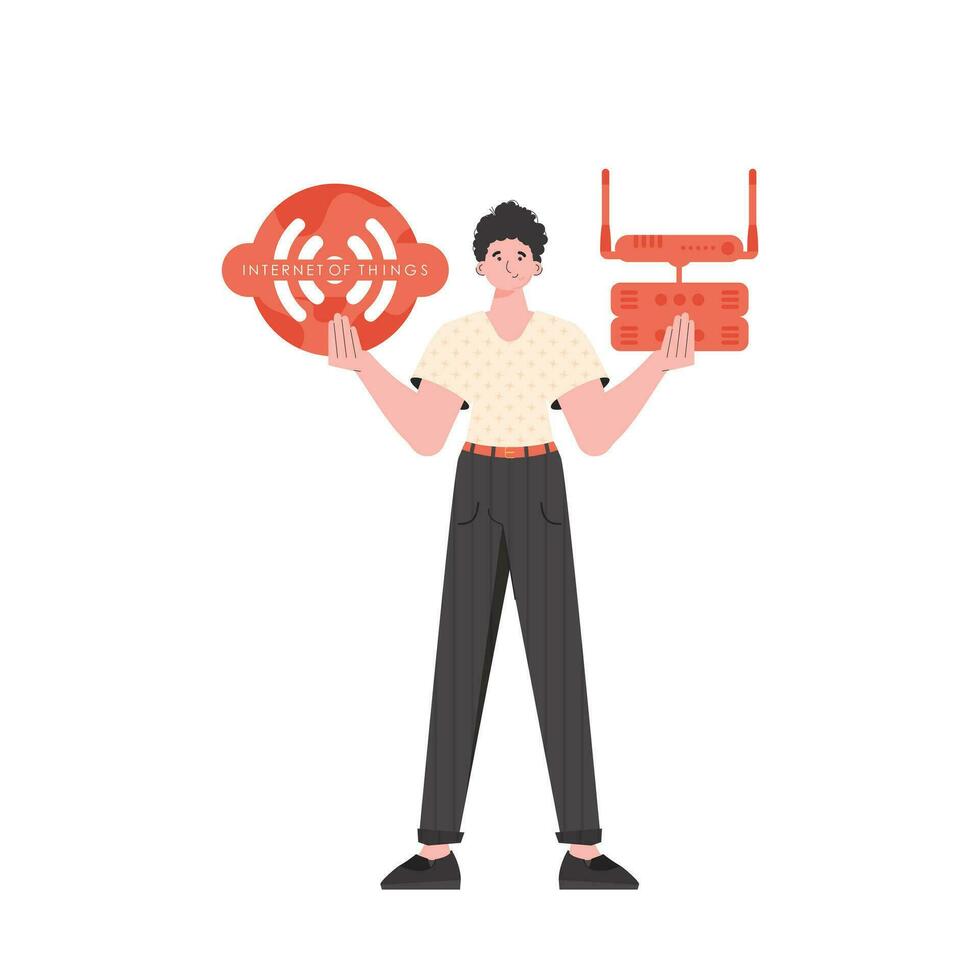 A man holds an internet thing icon in his hands. Router and server. IoT concept. Isolated. Vector illustration in flat style.