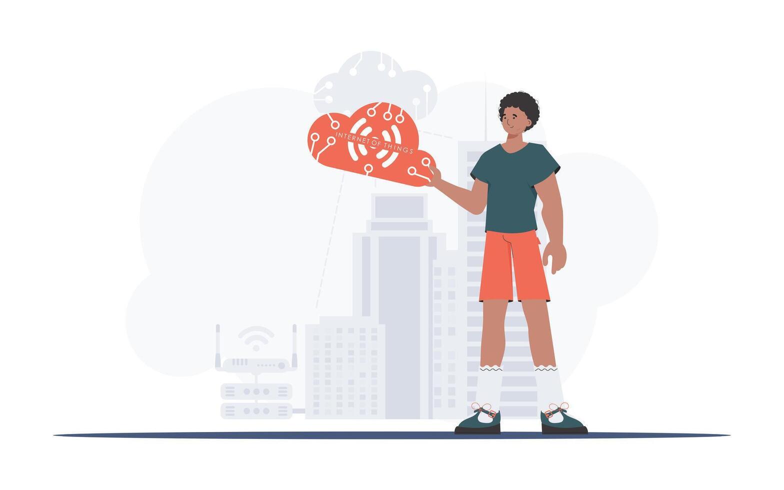 The guy is holding an internet thing icon in his hands. IOT and automation concept. Good for presentations and websites. Trendy flat style. . vector