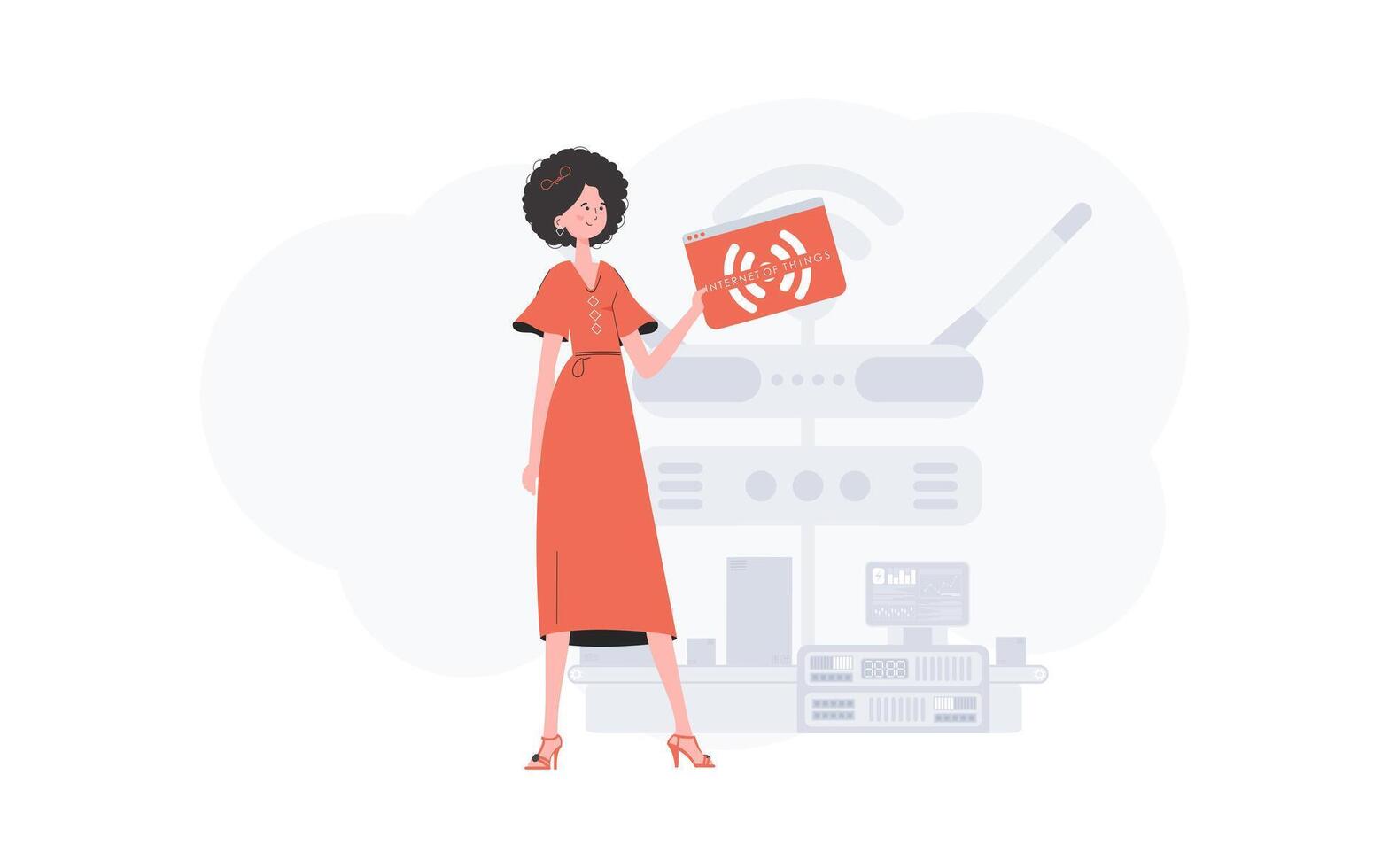 A woman is holding an internet thing icon in her hands. Internet of things concept. Good for websites and presentations. illustration in flat style. vector