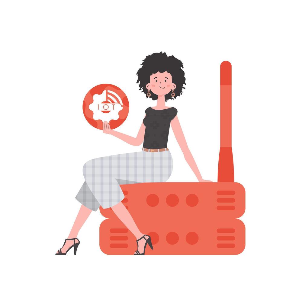 A woman is holding an internet thing icon in her hands. Router and server. Internet of things and automation concept. Isolated. Trendy flat style. illustration. vector