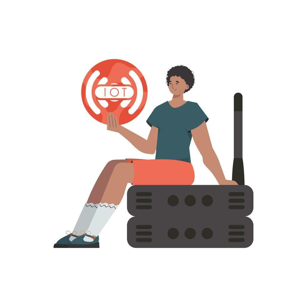 A man holds an internet thing icon in his hands. Router and server. IoT concept. Isolated. Trendy flat style. Vector. vector