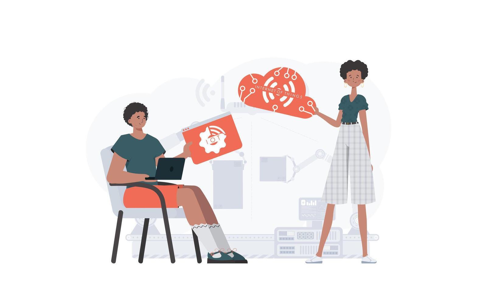 The girl and the guy are a team in the field of Internet of things. IOT and automation concept. Good for presentations and websites. Vector illustration.