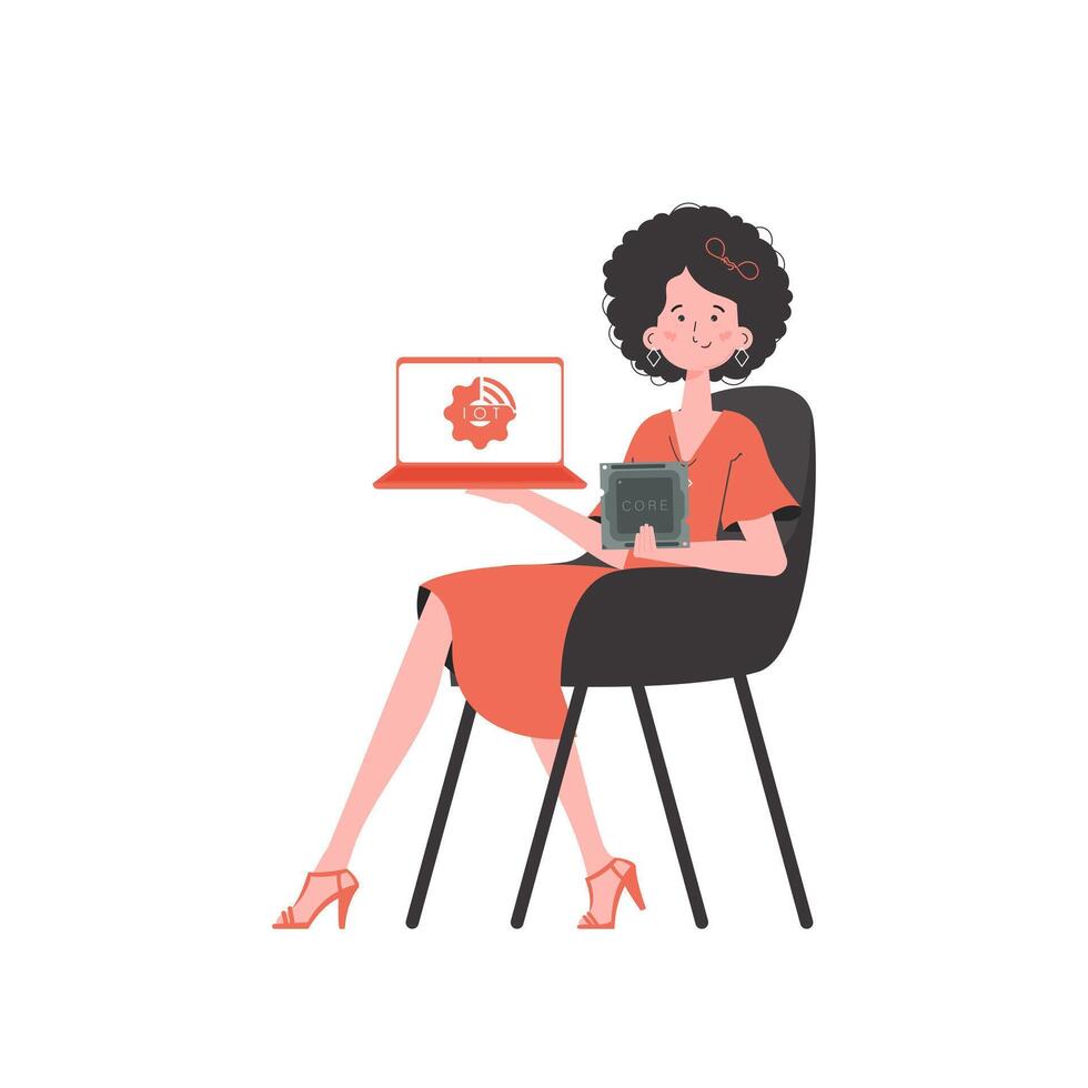 A woman holds a laptop and a processor chip in her hands. Internet of things concept. Isolated. Vector. vector