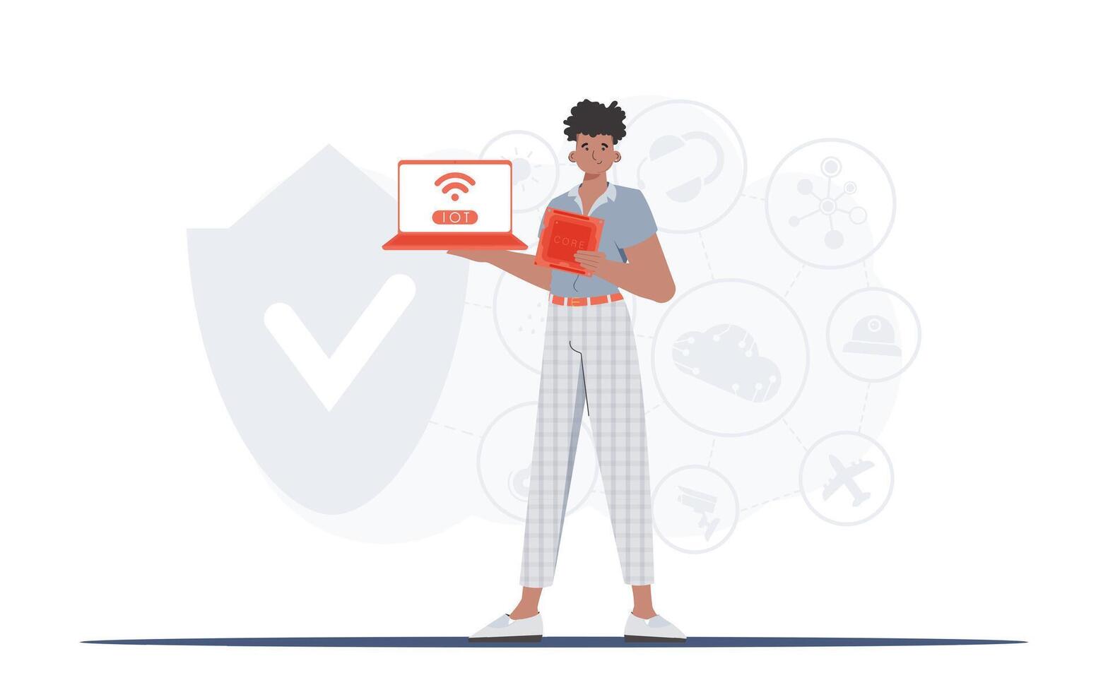 The guy holds a laptop and a processor chip in his hands. IoT concept. Vector. vector