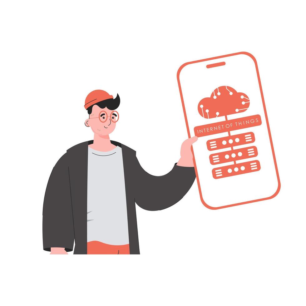 The guy is holding a phone with the IoT logo in his hands. IoT concept. Trendy flat style. Vector illustration.
