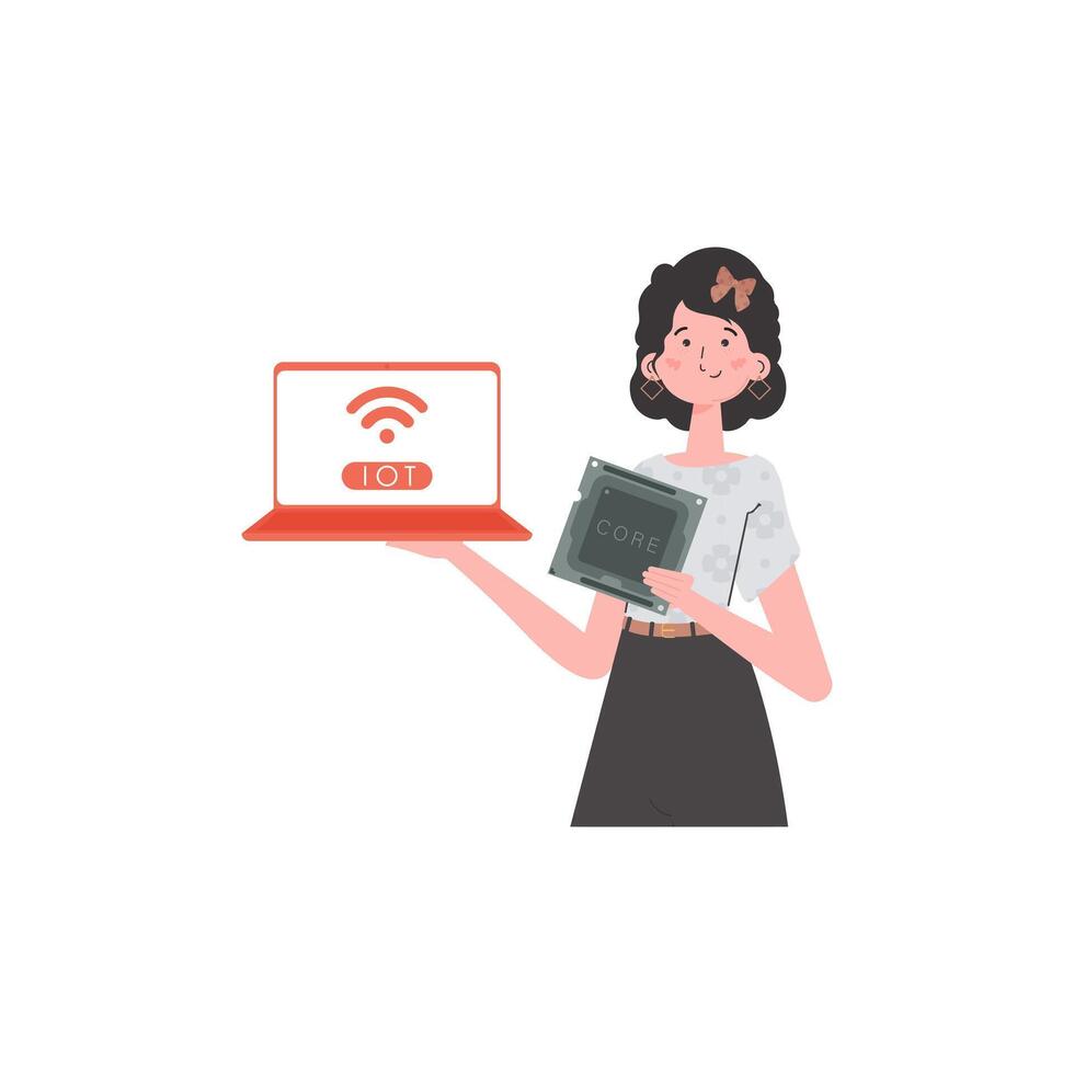 A woman holds a laptop and a processor chip in her hands. IOT and automation concept. Isolated. Vector illustration in flat style.