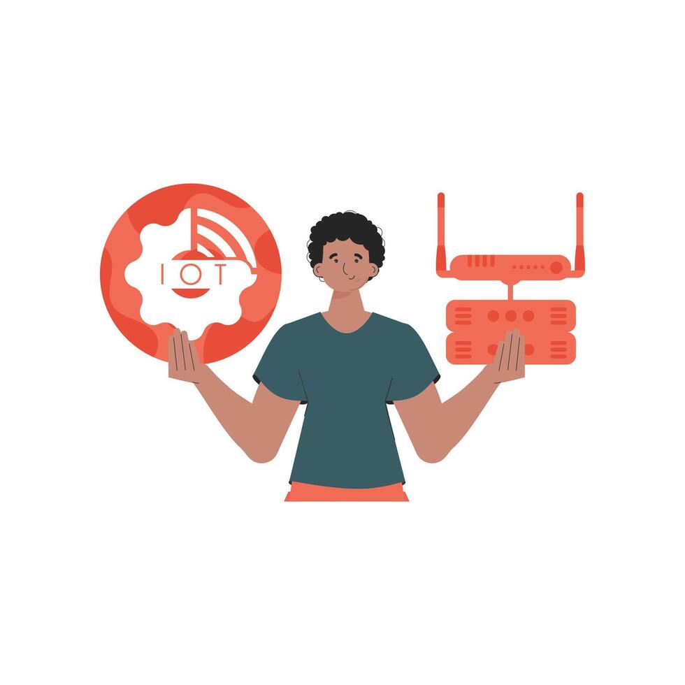 A man holds an internet thing icon in his hands. Router and server. IoT concept. Isolated. Vector illustration in trendy flat style.