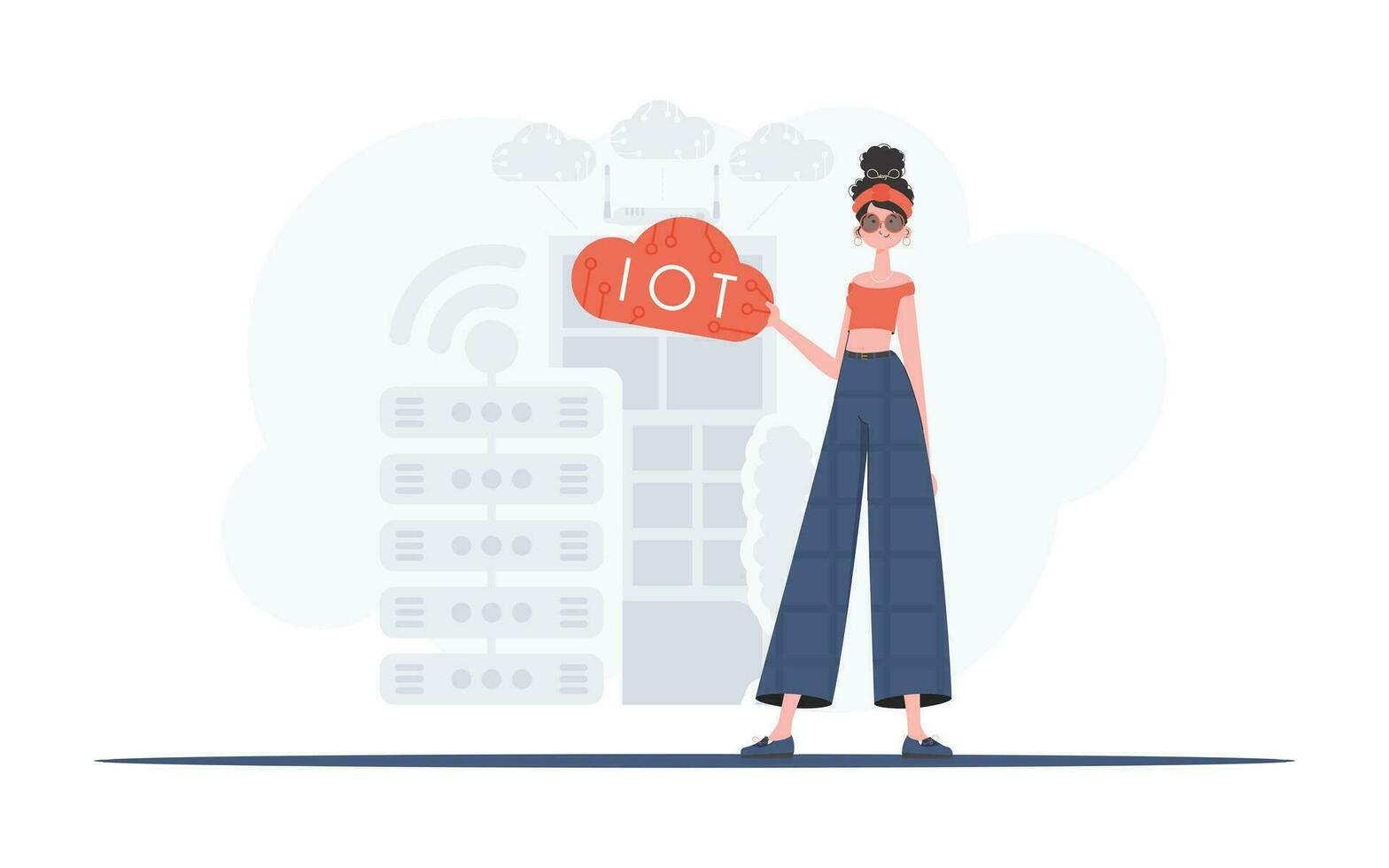 A woman is holding an internet thing icon in her hands. IoT concept. Good for websites and presentations. Trendy flat style. Vector. vector