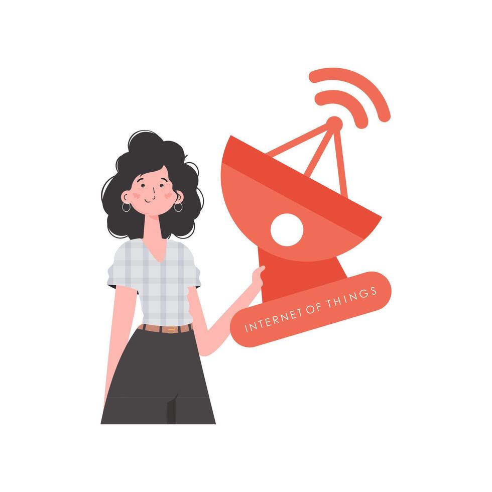 IoT concept. A woman holds a satellite dish in her hands. Isolated. Vector illustration in trendy flat style.