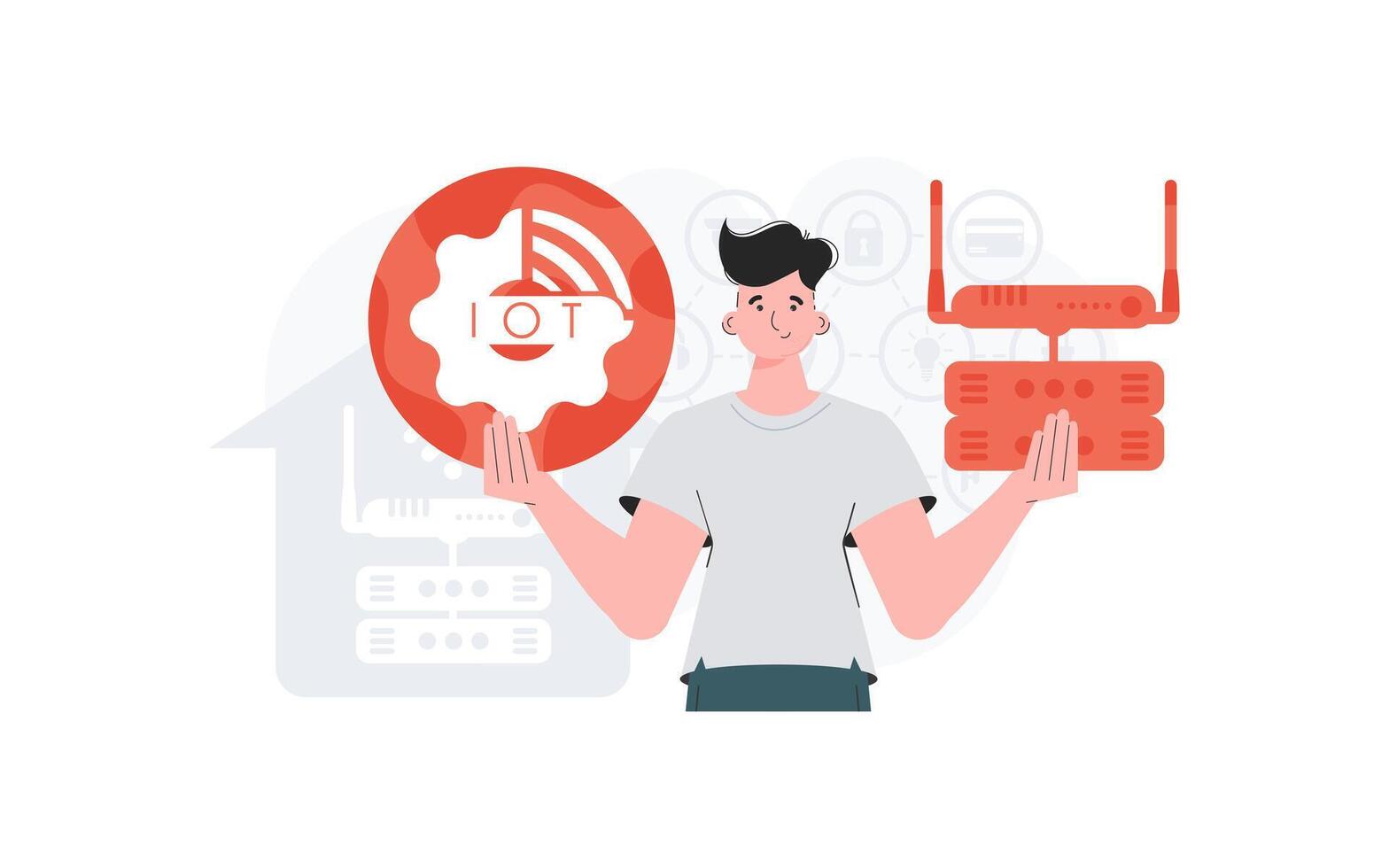 Internet de cosas y automatización concepto. un hombre es participación un Internet cosa icono en su manos. enrutador y servidor. bueno para presentaciones y sitios web vector ilustración en plano estilo.