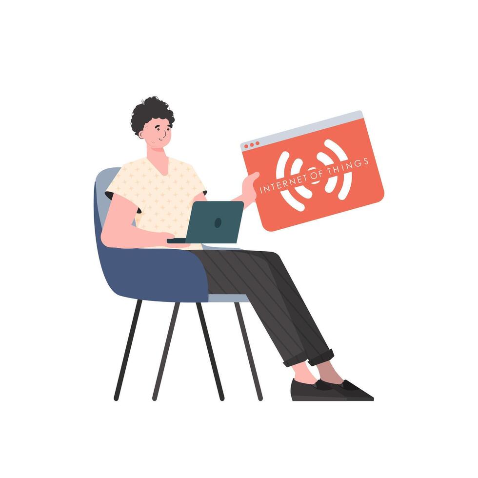 A man holds an IoT logo in his hands. IoT concept. Isolated. Trendy flat style. Vector illustration.