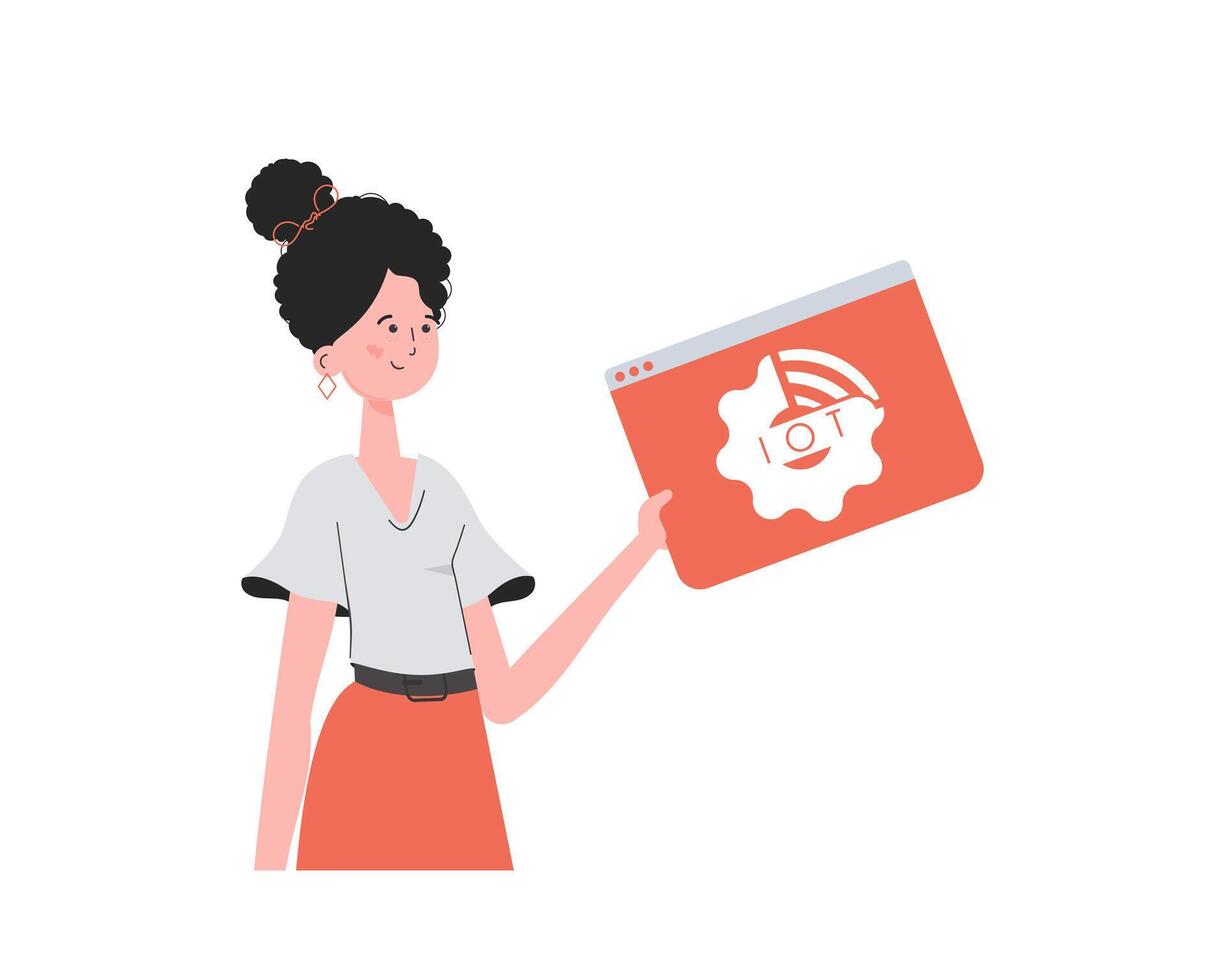 The girl holds the IoT logo in her hands. IoT concept. Isolated. Vector illustration in trendy flat style.