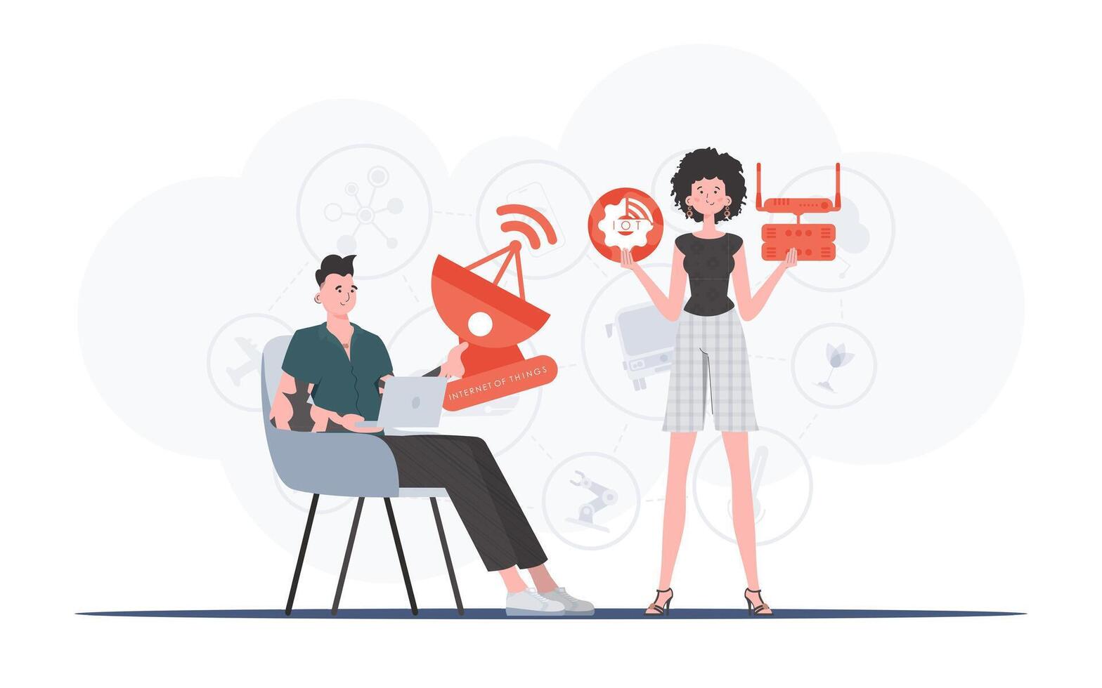 Internet of things and automation concept. The girl and the guy are a team in the field of Internet of things. Good for websites and presentations. Vector illustration.