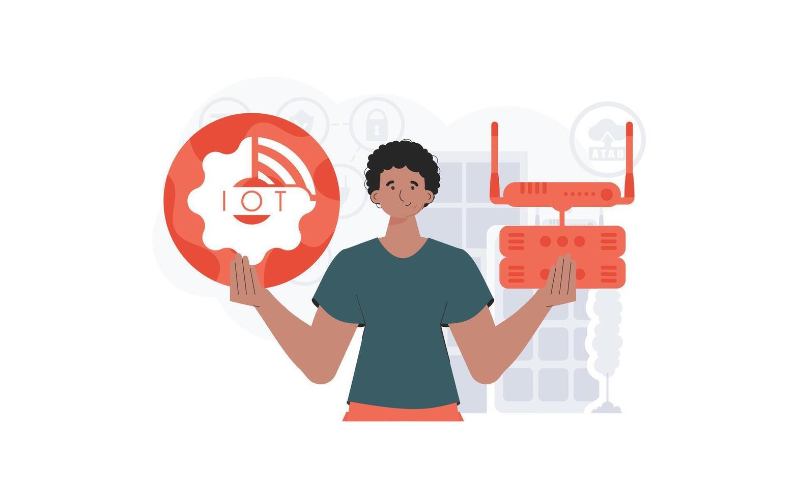 IoT concept. A man holds the internet of things logo in her hands. Router and server. Good for presentations and websites. illustration in flat style. vector
