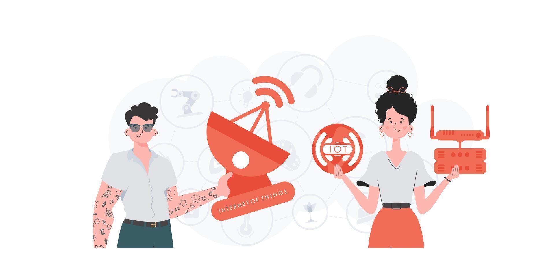Internet of things and automation concept. The girl and the guy are a team in the field of IoT. Good for presentations and websites. Vector illustration in flat style.