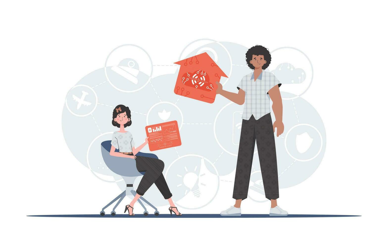 IoT concept. The girl and the guy are a team in the field of Internet of things. Good for websites and presentations. illustration. vector