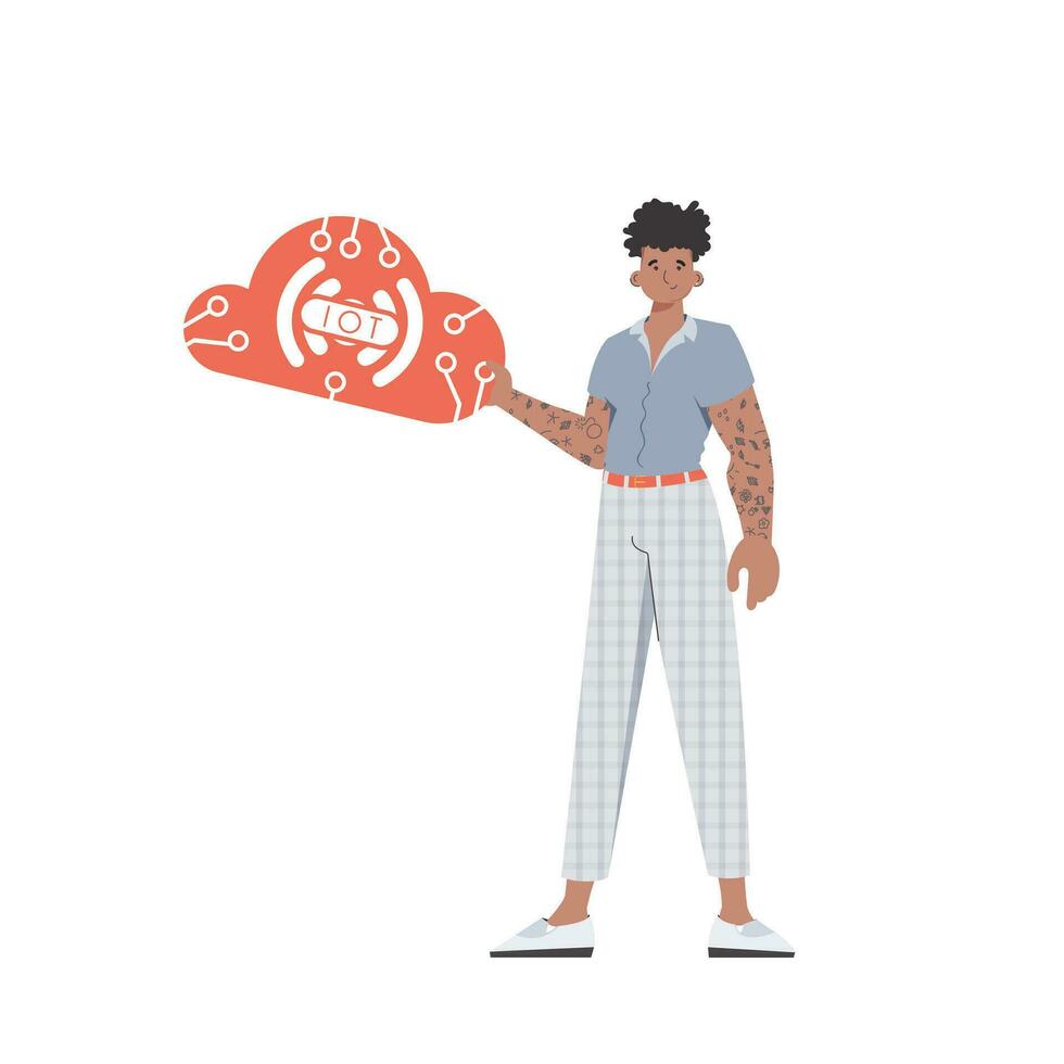 A man is holding an IoT icon in his hands. IOT and automation concept. Isolated. Vector illustration in trendy flat style.