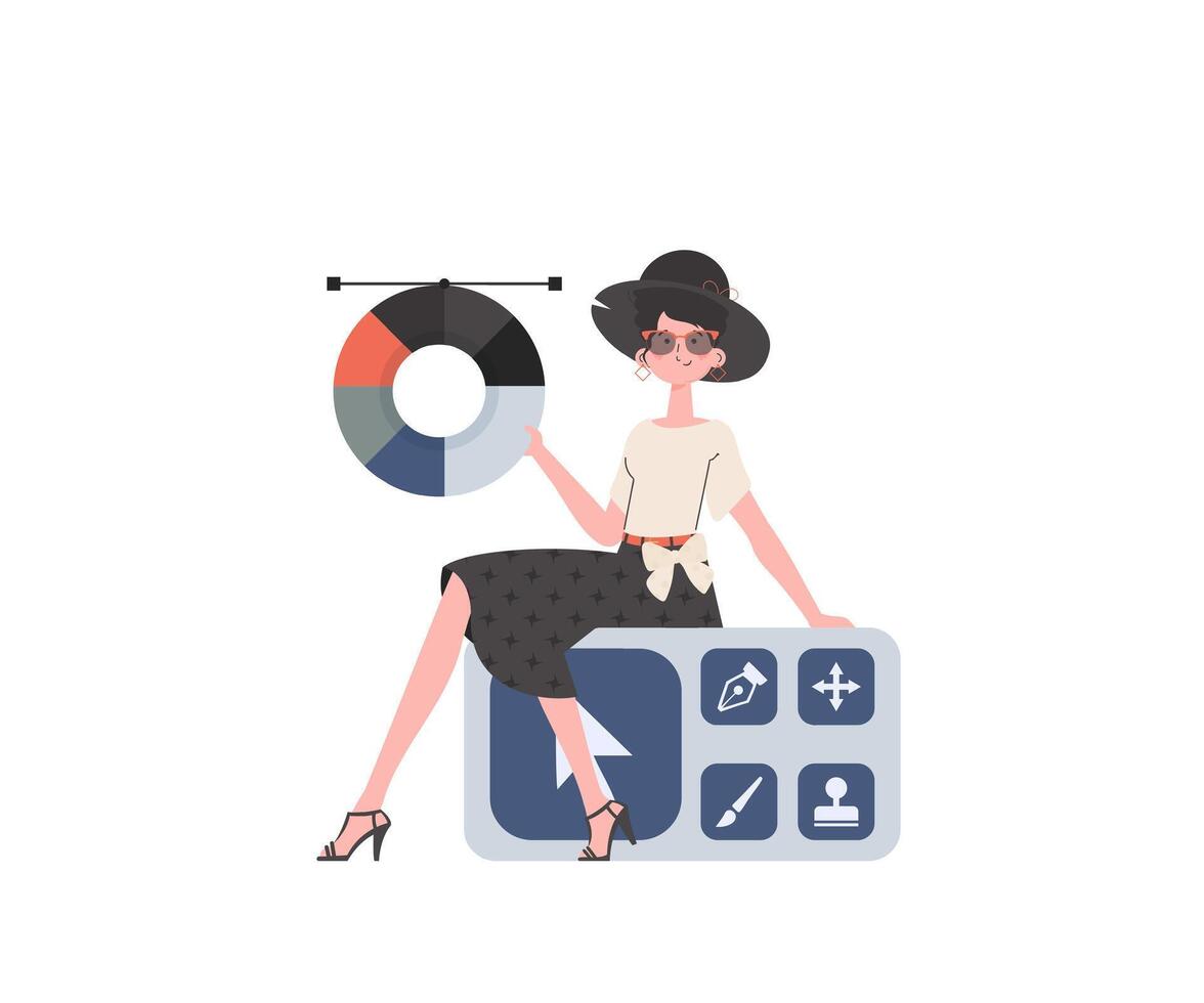 A woman sits on a designer panel with a color wheel. Isolated. Element for presentation. vector