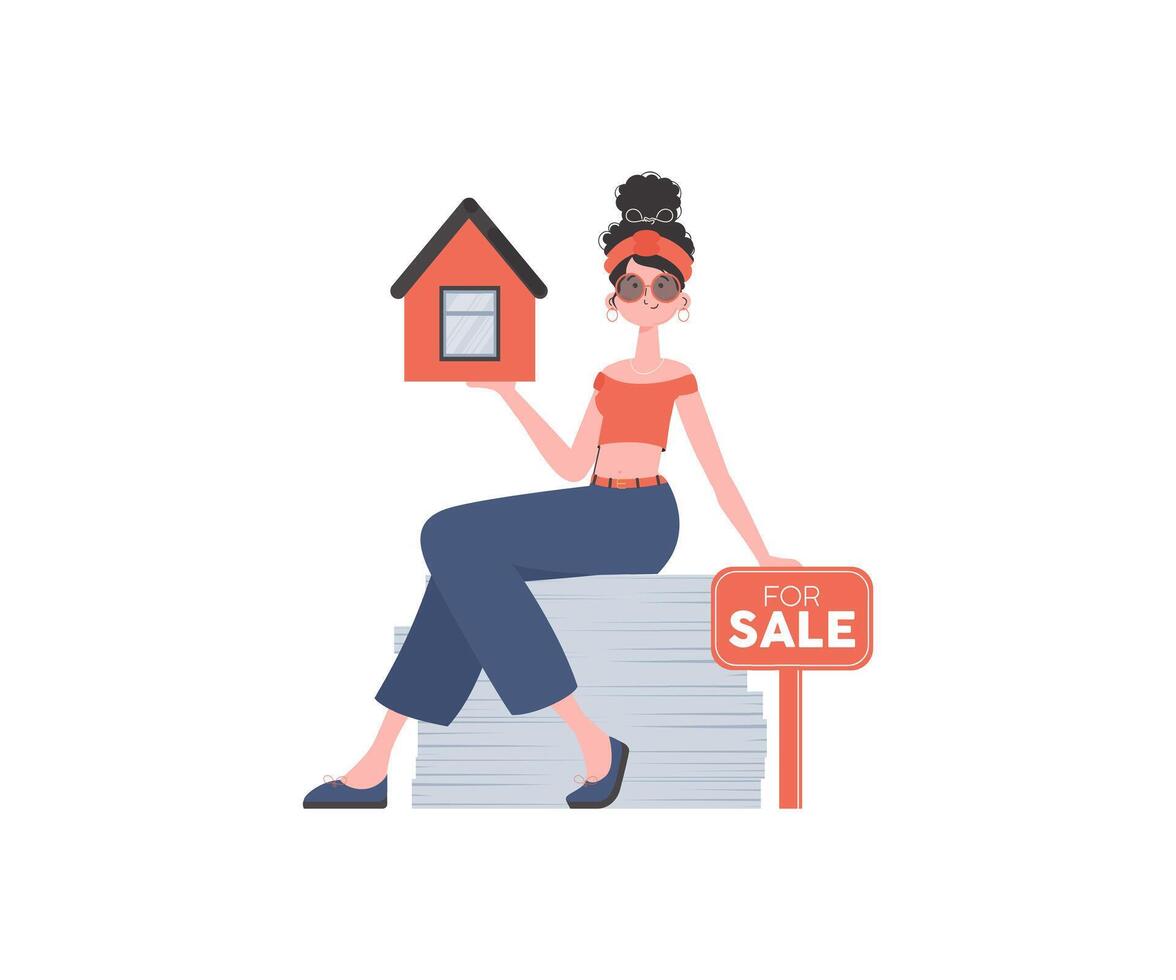 The girl sits on a stack of documents and holds the house in her hands. Selling a house or real estate. Isolated. illustration. vector