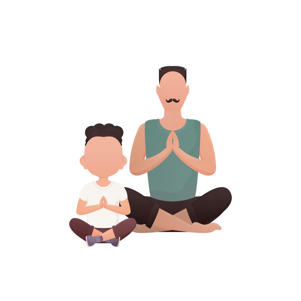 Strong man and little boy are sitting meditating. Isolated. Cartoon style. vector