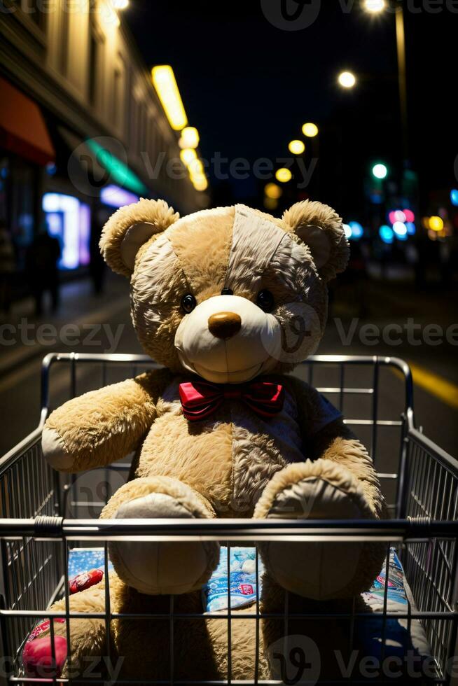 A Teddy Bear Sitting In A Shopping Cart. AI Generated photo