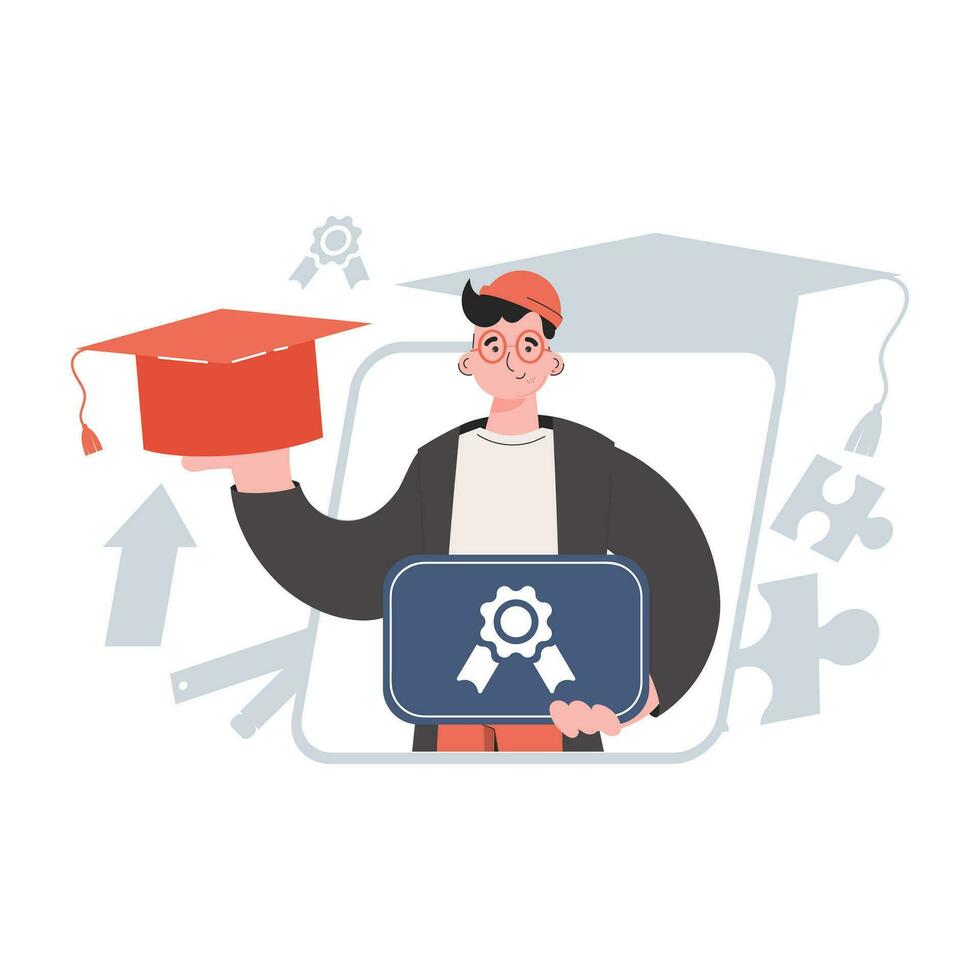 The guy stands waist-deep and holds a diploma. Education. Element for presentations, sites. vector