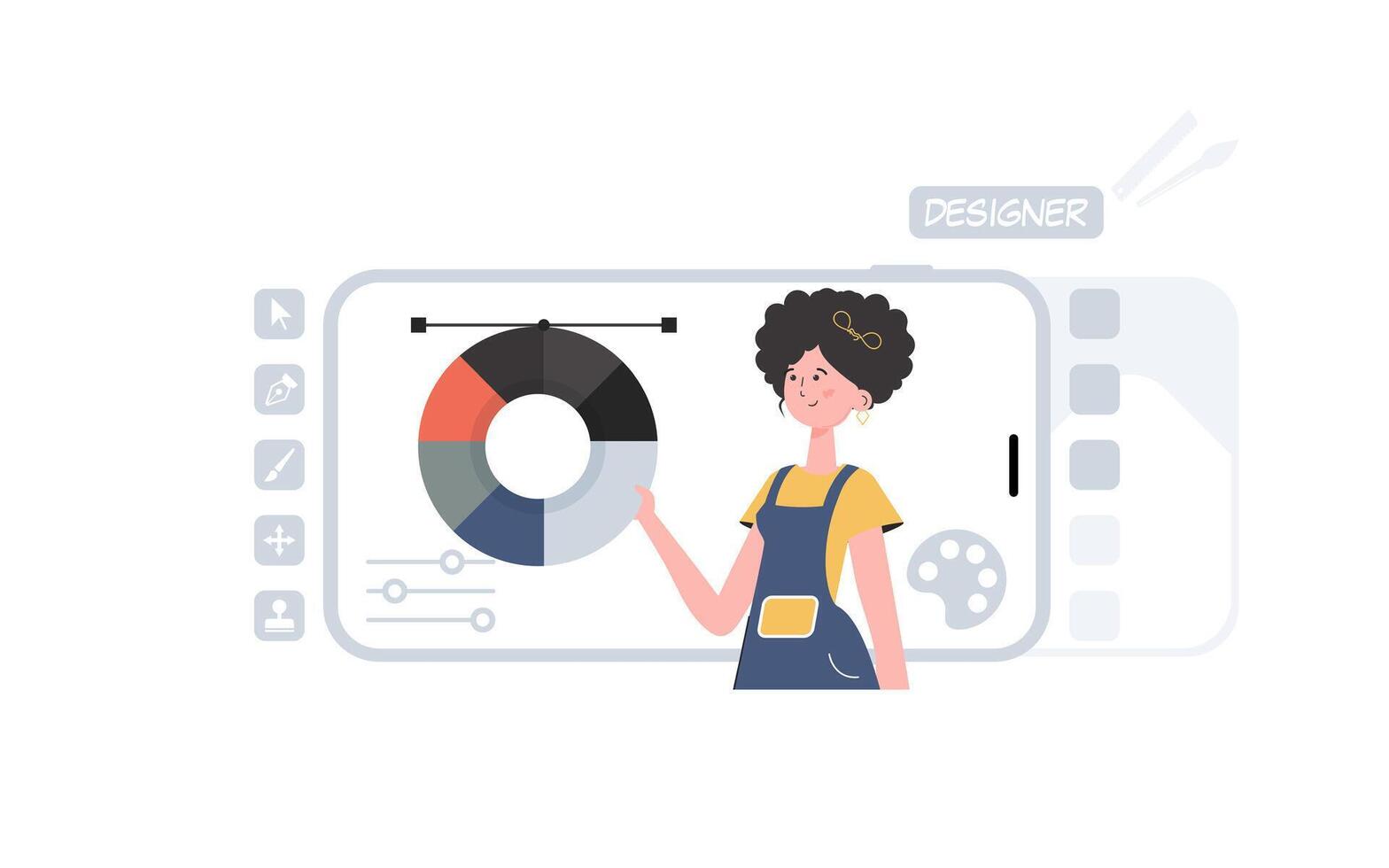 A woman stands waist-deep and holds a color palette. Design. Element for presentation. vector