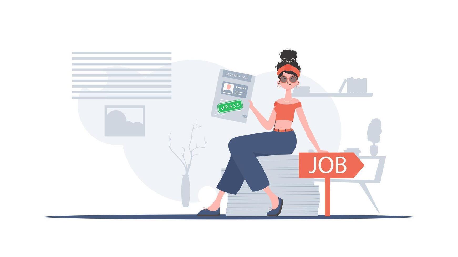 The girl holds in her hands the passed test for a vacancy. Job search concept. Vector illustration in a flat style.