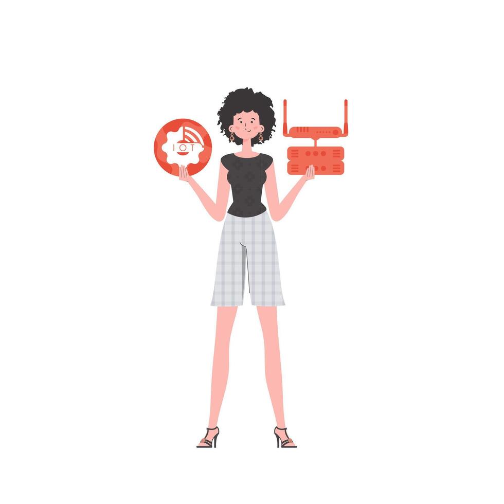 A woman holds the internet of things logo in her hands. Router and server. IOT and automation concept. Isolated. Vector illustration in flat style.