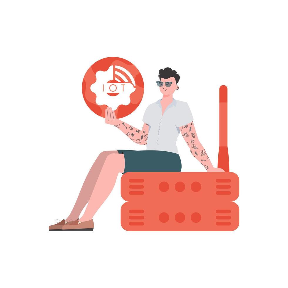 A man holds an internet thing icon in his hands. Router and server. IOT and automation concept. Isolated. Vector illustration in trendy flat style.