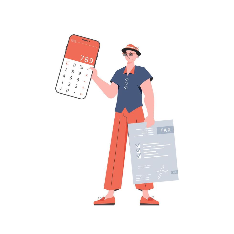 A man holds a calculator and a tax form in his hands. Isolated on white background. Vector illustration in a flat style.