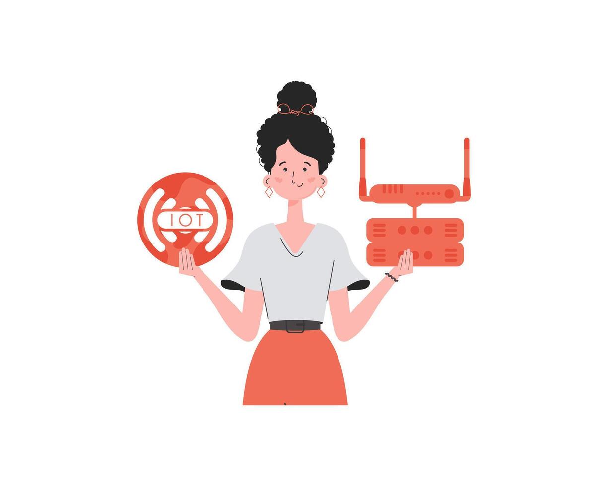 A woman is holding an internet thing icon in her hands. Router and server. IOT and automation concept. Isolated. Trendy flat style. Vector illustration.