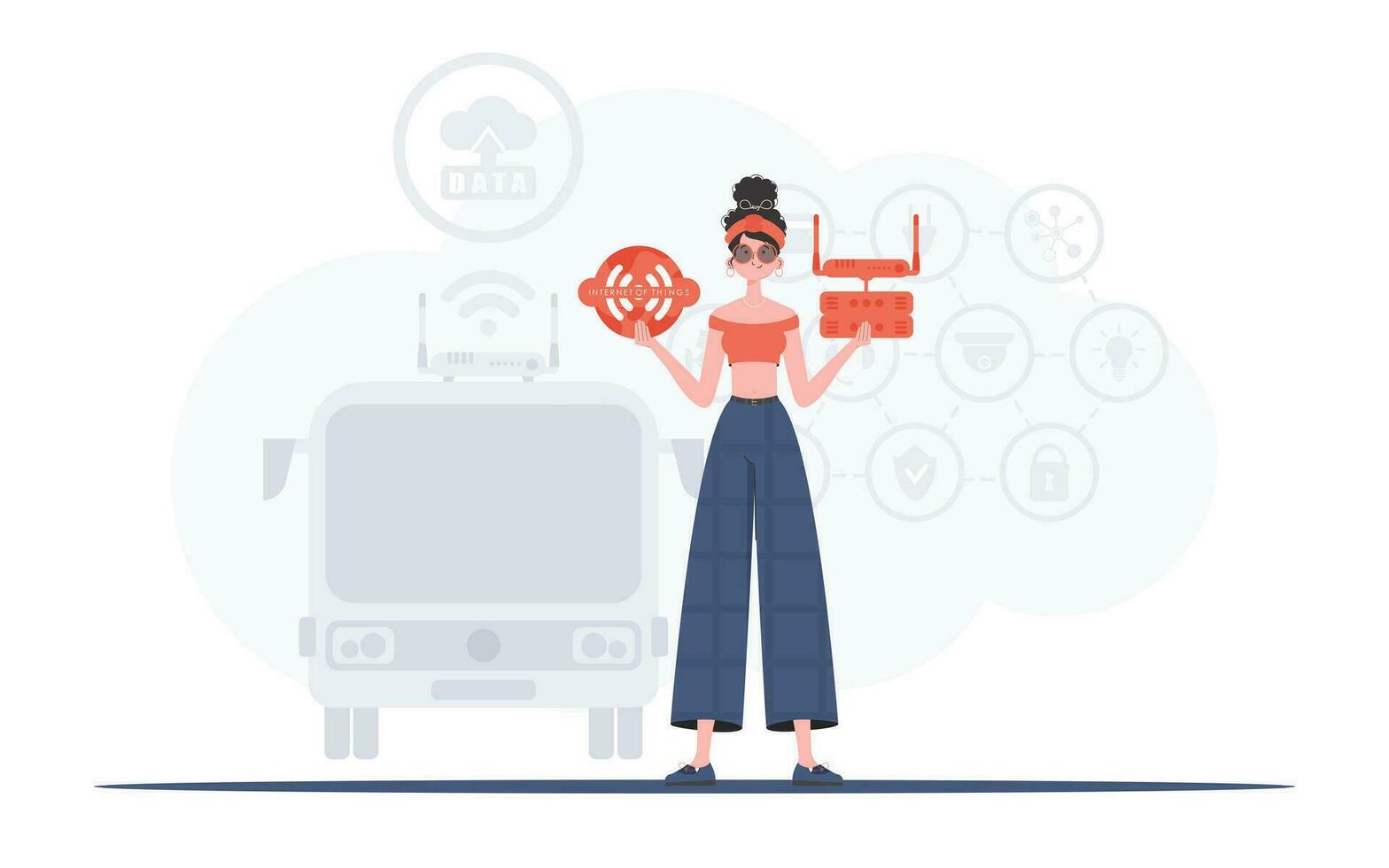 Internet de cosas y automatización concepto. un mujer es participación un Internet cosa icono en su manos. enrutador y servidor. bueno para sitios web y presentaciones vector ilustración en plano estilo.