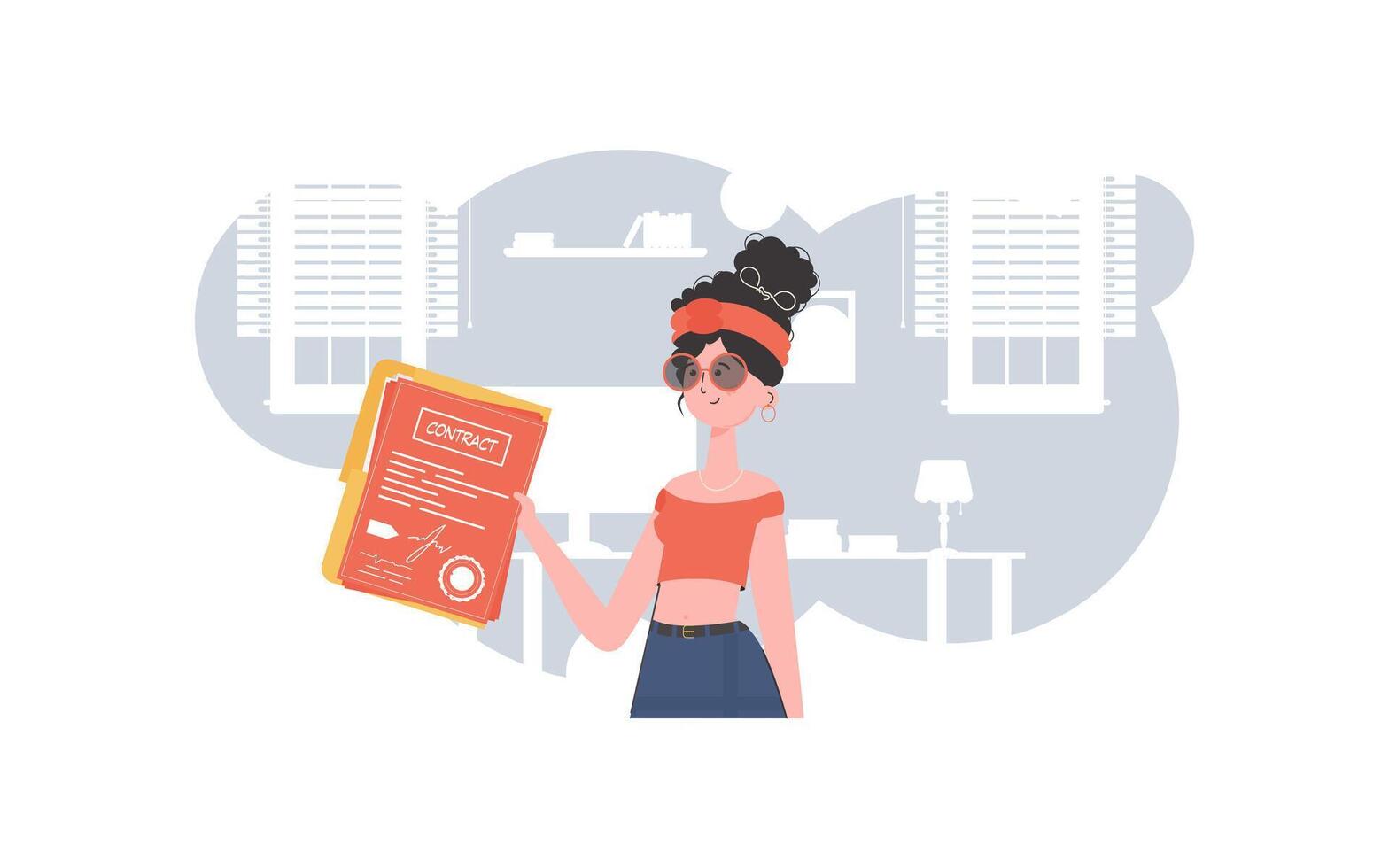 The woman is holding a contract in her hands. The character is depicted to the waist. The concept of concluding contracts. Vector illustration in a flat style.