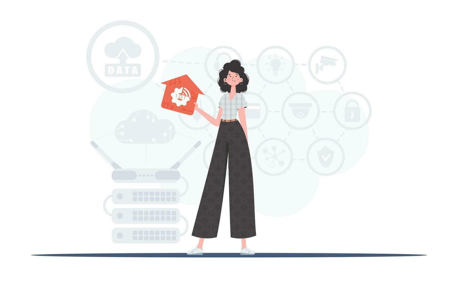 IoT concept. The woman is depicted in full growth, holding an icon of a house in her hands. Good for websites and presentations. Vector illustration in flat style.